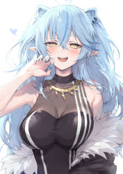 Rule 34 | 1girl, ahoge, animal ears, armpits, black jacket, black shirt, blue hair, blue nails, blush, breasts, claw pose, cleavage, commentary, cosplay, crossed bangs, ear piercing, extra ears, fangs, fingernails, fur-trimmed jacket, fur trim, hair between eyes, haoni, heart, heart ahoge, highres, hololive, jacket, jewelry, kemonomimi mode, large breasts, light blue hair, lion ears, long hair, looking at viewer, multicolored hair, nail polish, necklace, off shoulder, open clothes, open jacket, open mouth, piercing, pointy ears, raised eyebrow, see-through, see-through cleavage, sharp fingernails, shirt, shishiro botan, shishiro botan (1st costume), shishiro botan (cosplay), simple background, sleeveless, sleeveless shirt, smirk, smug, solo, streaked hair, striped clothes, striped shirt, taut clothes, taut shirt, teeth, two-tone hair, upper body, upper teeth only, vertical-striped clothes, vertical-striped shirt, virtual youtuber, white background, yellow eyes, yukihana lamy