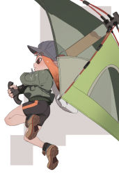 Rule 34 | 1girl, ass, bike shorts, black shorts, blush, bomber jacket, boots, border, brella (splatoon), brown footwear, cabbie hat, commentary request, from side, fu-ta, full body, green jacket, green theme, grey background, hat, highres, holding, holding weapon, inkling, inkling girl, inkling player character, jacket, long hair, long sleeves, looking away, looking to the side, nintendo, orange eyes, orange hair, outside border, parted lips, shorts, simple background, solo, splatoon (series), tenta brella (splatoon), umbrella, weapon, white border