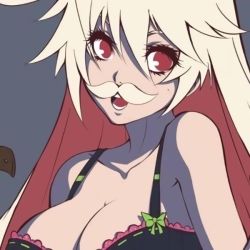 Rule 34 | 1girl, arc system works, blonde hair, bow, bow bra, bra, breasts, cleavage, fake facial hair, fake mustache, frilled bra, frills, guilty gear, its just suppi, jack-o&#039; valentine, large breasts, long hair, looking at viewer, multicolored hair, red eyes, red hair, smile, solo, source request, two-tone hair, underwear, upper body, waifu2x
