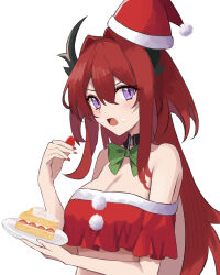 Rule 34 | 1girl, arknights, bare shoulders, bow, bowtie, breasts, cake, cleavage, commentary request, crop top, detached collar, food, food on face, fruit, green bow, green bowtie, hair between eyes, hair intakes, hat, highres, holding, holding food, holding fruit, holding plate, horns, large breasts, long hair, looking at viewer, midriff, multico, off-shoulder shirt, off shoulder, open mouth, plate, purple eyes, red hair, red hat, red shirt, santa hat, shirt, short sleeves, simple background, solo, strawberry, surtr (arknights), upper body, very long hair, white background