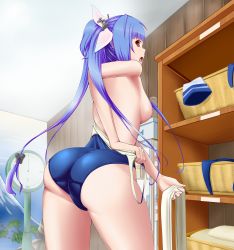 Rule 34 | 10s, 1girl, absurdres, ass, bad anatomy, basket, bathhouse, befu, blue hair, blush, bottle, breasts, clothes, clothes pull, dressing room, gradient hair, hair ribbon, highres, i-19 (kancolle), indoors, kantai collection, laundry basket, long hair, looking back, medium breasts, milk bottle, multicolored hair, one-piece swimsuit, one-piece swimsuit pull, open mouth, red eyes, refrigerator, ribbon, school swimsuit, solo, swimsuit, tri tails, undressing, weighing scale