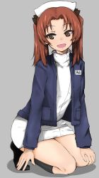 Rule 34 | 1girl, alternate costume, black bow, black socks, blue sweater, bow, brown eyes, brown hair, cardigan, character name, commentary, dress, full body, girls und panzer, grey background, hair bow, hat, kadotani anzu, kneeling, long hair, looking at viewer, name tag, ngc20701, nurse, nurse cap, open cardigan, open clothes, open mouth, parted bangs, shadow, short dress, simple background, smile, socks, solo, sweater, turtleneck, twintails, white dress, white hat