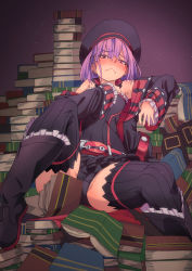 Rule 34 | 1girl, armpits, ass, bare shoulders, beret, black panties, black thighhighs, blush, book, book stack, boots, cameltoe, fate/grand order, fate (series), fu-ta, hat, helena blavatsky (fate), helena blavatsky (third ascension) (fate), jacket, looking at viewer, panties, purple eyes, purple hair, shoes, sitting, solo, sweat, thighhighs, underwear