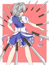 Rule 34 | 1girl, back, blue dress, border, bow, braid, commentary request, cowboy shot, dress, floating, floating clothes, floating object, floating weapon, frilled dress, frills, green bow, grey hair, hair bow, highres, izayoi sakuya, knife, light smile, maid, maid headdress, medium hair, miniskirt, outside border, outstretched arm, puffy short sleeves, puffy sleeves, red background, red eyes, short sleeves, simple background, skirt, solo, standing, touhou, twin braids, waist bow, weapon, white border, white bow, zheng3008451858
