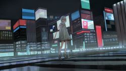 Rule 34 | 1girl, building, character request, chihuri, closed mouth, commentary request, crosswalk, hair between eyes, highres, jacket, long sleeves, looking at viewer, night, night sky, outdoors, red eyes, road, shoes, silver hair, sky, sleeves past wrists, solo, standing, street, vocaloid, white footwear, white jacket, wide shot