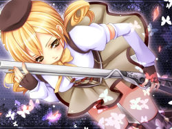 Rule 34 | 10s, 1girl, beret, blonde hair, boots, breasts, brown thighhighs, bug, butterfly, cocoa (cafe-hotcocoa), corset, detached sleeves, drill hair, fingerless gloves, from above, gloves, gun, hair ornament, hat, insect, large breasts, light particles, magical girl, magical musket, mahou shoujo madoka magica, mahou shoujo madoka magica (anime), pleated skirt, puffy sleeves, ribbon, rifle, shirt, skirt, solo, striped clothes, striped thighhighs, taut clothes, taut shirt, thighhighs, tomoe mami, twin drills, twintails, vertical-striped clothes, vertical-striped thighhighs, weapon, yellow eyes, zettai ryouiki