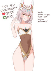 Rule 34 | animal ear fluff, animal ears, arm at side, blunt bangs, blush, breasts, cat ears, chest jewel, chirun0, unworn clothes, collarbone, commentary, covered navel, cowboy shot, english commentary, english text, facial mark, grey hair, grin, hand up, heart, highleg, highleg leotard, highres, jewelry, leotard, like and retweet, looking at viewer, meme, multicolored leotard, nia (xenoblade), see-through, short hair, small breasts, smile, twitter strip game (meme), white headwear, xenoblade chronicles (series), xenoblade chronicles 3, yellow eyes