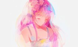Rule 34 | 1girl, bare shoulders, blush, closed mouth, collarbone, commentary, constellation print, crescent print, english commentary, floral print, hoshi-pan, long hair, no mouth, original, pink hair, tank top, upper body, white background, white tank top