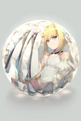 Rule 34 | 1girl, ahoge, bare shoulders, blonde hair, blush, breasts, chain, cleavage, detached collar, detached sleeves, echo (circa), elbow gloves, fate/extra, fate/extra ccc, fate/grand order, fate (series), flower wreath, gloves, green eyes, hair between eyes, hair intakes, head wreath, large breasts, leotard, lock, long hair, looking at viewer, nero claudius (bride) (fate), nero claudius (bride) (second ascension) (fate), nero claudius (fate), nero claudius (fate) (all), orb, padlock, puffy sleeves, smile, solo, thighhighs, veil, white gloves, white leotard, white thighhighs, wide sleeves, zipper