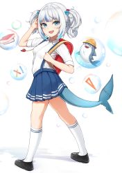 Rule 34 | 1girl, absurdres, aged down, backpack, bag, black footwear, bloop (gawr gura), blue skirt, book, breasts, bubble, collared shirt, commentary, crayon, fins, fish tail, from behind, gawr gura, hair ornament, hair scrunchie, hat, highres, hololive, hololive english, loafers, matmaj, multicolored hair, open mouth, pleated skirt, protractor, randoseru, school hat, school uniform, scrunchie, shark tail, sharp teeth, shirt, shoes, short hair, silver hair, skirt, sleeves rolled up, small breasts, smile, socks, standing, streaked hair, tail, teeth, twintails, twisted torso, virtual youtuber, white legwear, white shirt