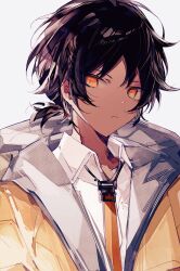 Rule 34 | 1boy, alternate costume, arknights, black hair, chulixun1, closed mouth, collarbone, collared shirt, dark-skinned male, dark skin, grey background, hair between eyes, highres, jacket, long sleeves, looking at viewer, male focus, necktie, open clothes, open jacket, orange eyes, ponytail, shirt, simple background, solo, thorns (arknights), upper body, white background, white shirt, yellow jacket