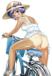 Rule 34 | 1girl, ass, back, bare legs, basket, bicycle, blush, bottomless, bow, breasts, charm (object), dress, fat mons, from behind, glasses, hat, hat bow, hat ribbon, highres, hot, kurayami joe, looking at viewer, looking back, nape, no panties, no socks, one-piece tan, open mouth, original, pink-framed eyewear, purple eyes, purple hair, pussy, red-framed eyewear, ribbon, sandals, semi-rimless eyewear, shoes, short dress, short hair, shoulder blades, simple background, sleeveless, sleeveless dress, solo, striped ribbon, sun hat, sweat, tan, tanline, toes, tongue, tongue out, uncensored, under-rim eyewear, white background, white dress, white footwear