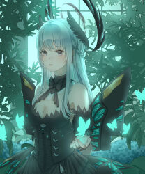Rule 34 | 1girl, absurdres, black dress, black halo, black ribbon, black scrunchie, braid, breasts, butterfly wings, cleavage, detached collar, dress, fake wings, feather hair ornament, feathers, grey eyes, grey hair, hair ornament, halo, highres, insect wings, liv: empyrea (dreamcatcher) (punishing: gray raven), liv: empyrea (punishing: gray raven), liv (punishing: gray raven), long hair, medium breasts, neck ribbon, open mouth, punishing: gray raven, ribbon, scrunchie, sidelocks, wing hair ornament, wings