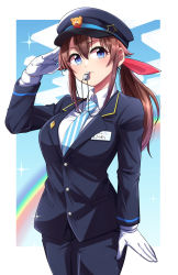 Rule 34 | 1girl, alternate costume, blazer, blue eyes, breasts, brown hair, cowboy shot, diffraction spikes, gloves, hair between eyes, highres, hololive, idol, ishii takuma, jacket, long hair, looking to the side, medium breasts, name tag, necktie, outside border, police, police uniform, policewoman, ponytail, rainbow, salute, shirt, sidelocks, solo, striped, striped necktie, striped neckwear, tokino sora, uniform, virtual youtuber, whistle, whistle around neck, white shirt