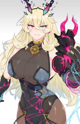 Rule 34 | 1girl, bad id, bad twitter id, black dress, blonde hair, breasts, chain, covered navel, dress, barghest (fate), barghest (second ascension) (fate), fate/grand order, fate (series), gauntlets, gradient background, hair between eyes, heterochromia, huge breasts, long hair, narrow waist, shitappa, signature, single gauntlet, solo