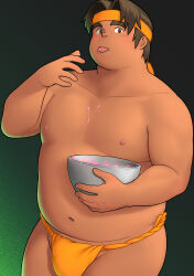 Rule 34 | 1boy, bara, belly, blush, bulge, character request, dark-skinned male, dark skin, dough, fat, fat man, feet out of frame, food, food on body, food on face, fundoshi, hand up, headband, highres, japanese clothes, large pectorals, male focus, muscular, muscular male, navel, nipples, norijaga, orange fundoshi, pectorals, short hair, solo, stomach, thick eyebrows, thighs, tongue, tongue out, topless male, underwear, underwear only, voltron: legendary defender, voltron (series)