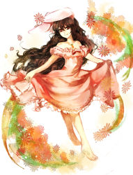 Rule 34 | 1girl, alternate hair length, alternate hairstyle, animal ears, bare shoulders, barefoot, brown hair, rabbit ears, carrot, dress, female focus, highres, inaba tewi, jewelry, long hair, aged up, pendant, red eyes, skirt hold, smile, solo, touhou, very long hair, yokosuka220