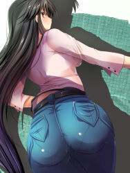 Rule 34 | 1girl, ass, belt, black belt, black hair, blue pants, blush, closed mouth, commentary request, cowboy shot, denim, from behind, frown, jeans, long hair, long sleeves, looking back, maki (seventh heaven maxion), midriff peek, original, pants, pantylines, pink shirt, red eyes, shadow, shirt, solo, standing, very long hair