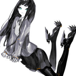 Rule 34 | 1girl, blue eyes, blunt bangs, greyscale, long hair, looking at viewer, lying, mechanical legs, monochrome, multiple monochrome, on stomach, original, pantyhose, pump (pumpqmuq), school uniform, simple background, skirt, sleeves past wrists, solo, spot color, white background