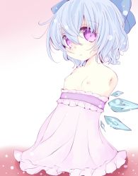 Rule 34 | 1girl, amputee, bad id, bad pixiv id, blue hair, blush, bow, breasts, cirno, hair bow, ice, ice wings, inasa orange, looking at viewer, nipples, purple eyes, quadruple amputee, short hair, small breasts, solo, touhou, wings