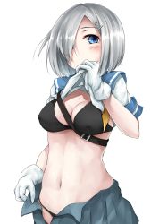 Rule 34 | 10s, 1girl, absurdres, belt, between breasts, black panties, blue eyes, blush, bra, breasts, buckle, cleavage, clothes lift, covered erect nipples, covered mouth, gloves, hair ornament, hair over one eye, hairclip, hamakaze (kancolle), highres, kantai collection, midriff, minami machi, navel, open clothes, open skirt, panties, ribbon, school uniform, serafuku, shirt lift, short hair, short sleeves, silver hair, skirt, solo, stomach, transparent background, underwear, upper body, white gloves, yellow ribbon