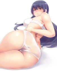 Rule 34 | 10s, 1girl, ass, bare shoulders, bifidus, black hair, blush, bra, breasts, curvy, female focus, frown, fusou (kancolle), hand on own hip, huge ass, kantai collection, large breasts, long hair, looking at viewer, looking back, lying, on side, panties, parted lips, raised eyebrows, red eyes, simple background, solo, thick thighs, thighs, underwear, underwear only, white background, white bra, white panties, wide hips