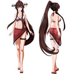 Rule 34 | 1girl, 3d, alternate costume, ass, bikini, breasts, brown hair, cherry blossoms, cleavage, closed mouth, collarbone, from behind, full body, hair between eyes, headgear, kantai collection, large breasts, long hair, looking at viewer, mikumikudance (medium), multiple views, navel, ponpu-chou, ponytail, purple eyes, sandals, sarong, see-through, simple background, smile, standing, swimsuit, very long hair, white background, white bikini, yamato (kancolle)