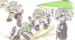 2girls agent_4_(splatoon) hero_dualies_(splatoon) holding holding_umbrella ink ink_tank_(splatoon) inkling japanese_clothes jyanbodon looking_at_another marie_(splatoon) multiple_girls nintendo official_alternate_costume parasol splatoon_(series) splatoon_2 tentacle_hair umbrella