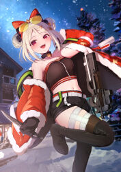 Rule 34 | 1girl, absurdres, akuame (ring3922), belt, black gloves, black shorts, black thighhighs, boots, breasts, buckle, bullpup, choker, christmas, double bun, eyewear on head, fur-trimmed jacket, fur trim, girls&#039; frontline, gloves, grey hair, gun, hair bun, highres, holding, holding knife, jacket, knife, looking at viewer, medium breasts, midriff, navel, night, open clothes, open jacket, open mouth, outdoors, p90, p90 (girls&#039; frontline), personal defense weapon, red eyes, shirt, short hair, shorts, snap-fit buckle, solo, strapless, strapless shirt, submachine gun, thighhighs, thighhighs under boots, tinted eyewear, weapon, yellow-tinted eyewear