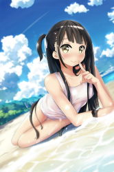 Rule 34 | 1girl, beach, black hair, blue sky, blurry, blurry background, blush, bottomless, breasts, cloud, collarbone, day, finger to mouth, hair ribbon, highres, index finger raised, kuro neko (yxmikan), long hair, looking at viewer, lying, on side, one side up, original, outdoors, ribbon, shirt, sky, sleeveless, sleeveless shirt, small breasts, smile, solo, very long hair, water, wet, wet clothes, wet shirt, white ribbon, white shirt, yellow eyes