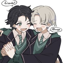 Rule 34 | 2boys, albus severus potter, black hair, black robe, blonde hair, collared shirt, commentary request, curtained hair, diagonal-striped clothes, diagonal-striped necktie, english text, friends, green necktie, green sweater, happy, harry potter (series), harry potter and the cursed child, highres, hogwarts school uniform, holding hands, lapels, long sleeves, male focus, matecharon, multiple boys, necktie, notched lapels, open clothes, open mouth, parted hair, robe, school uniform, scorpius malfoy, shirt, shoulder-to-shoulder, side-by-side, slytherin, smile, speech bubble, striped clothes, striped necktie, sweater, two-tone necktie, upper body, v-neck, white background, white shirt, wizarding world