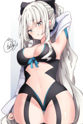 Rule 34 | 1girl, arm up, armpits, bad id, bad twitter id, beni shake, black bow, black leotard, blush, bow, braid, breasts, center opening, cleavage, commentary request, cowboy shot, detached sleeves, fate/grand order, fate (series), full body, garter straps, grey eyes, grey hair, groin, hair bow, large breasts, leotard, long sleeves, morgan le fay (fate), navel, parted lips, signature, solo, thick thighs, thigh gap, thighs, white sleeves