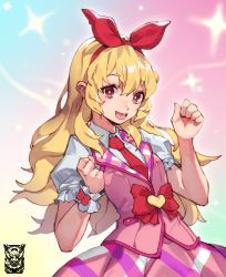 Rule 34 | 1girl, aikatsu! (series), blonde hair, blurry, blurry background, bow, eyelashes, hair between eyes, hair bow, heart, highres, long hair, looking at viewer, mar10, multicolored clothes, multicolored skirt, necktie, open mouth, pink pupils, pink skirt, puffy sleeves, purple skirt, red bow, red eyes, red necktie, signature, skirt, smile, solo, sparkle, striped clothes, striped skirt, tongue, white skirt