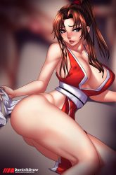Rule 34 | 1girl, breasts, brown hair, curvy, fatal fury, female focus, highres, huge breasts, long hair, lord dominik, ponytail, shiny skin, shiranui mai, solo, street fighter, street fighter v
