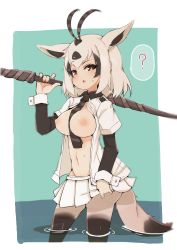 Rule 34 | 10s, 1girl, ?, absurdres, animal ears, antenna hair, arabian oryx (kemono friends), bad id, bad pixiv id, between breasts, black eyes, black hair, breasts, breasts out, clothes pull, extra ears, eyes visible through hair, gazelle ears, gazelle tail, highres, horn lance, kemono friends, large breasts, layered sleeves, long sleeves, looking at viewer, navel, necktie, necktie between breasts, nipples, open clothes, open shirt, over shoulder, pantyhose, pleated skirt, short hair, short over long sleeves, short sleeves, skirt, skirt pull, solo, spoken question mark, stomach, striped necktie, striped neckwear, sweat, tail, teranekosu, wading, water, weapon, weapon over shoulder, white hair, white skirt