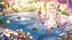 Rule 34 | 1girl, absurdres, animal, bare shoulders, blonde hair, blue eyes, blue flower, blurry, blurry background, closed mouth, collarbone, commission, crescent, danby merong, day, depth of field, dress, fish, flower, forest, green flower, highres, lily pad, looking at viewer, nature, off-shoulder dress, off shoulder, original, outdoors, pink flower, purple flower, red footwear, shoes, sitting, smile, solo, tree, water, water lily flower, white dress, white flower, yellow flower