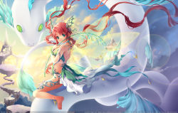Rule 34 | 1girl, bare back, bare shoulders, barefoot, green eyes, jewelry, kaze-hime, long hair, looking at viewer, original, red hair, riding, solo, very long hair, wings