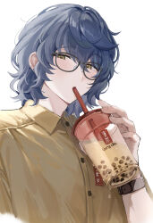 1boy aoba_tsumugi bishounen black-framed_eyewear blue_hair brown_eyes bubble_tea buttons collared_shirt cowlick cropped_torso cup dark_blue_hair disposable_cup downturned_eyes dress_shirt drinking drinking_straw drinking_straw_in_mouth ensemble_stars! glasses hair_between_eyes highres holding holding_cup male_focus medium_hair portrait shirt short_sleeves solo tsmkwa water_drop wavy_hair wing_collar yellow_shirt