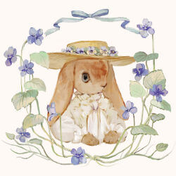 Rule 34 | animal, animal focus, blue ribbon, bow, bowtie, clothed animal, collared dress, cropped torso, dress, floppy ears, flower, frilled sleeves, frills, hat, hat flower, high collar, highres, long sleeves, no humans, original, pansy, purple flower, rabbit, ribbon, simple background, solo, straw hat, tono (rt0no), white background, white bow, white bowtie, white dress, wide brim, yellow hat