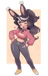 Rule 34 | 1girl, ^ ^, animal ears, black hair, black pants, blush, cleavage cutout, closed eyes, clothing cutout, cropped sweater, facing viewer, hands on own hips, highres, long hair, long sleeves, multicolored hair, navel, open mouth, original, pants, ponytail, rabbit ears, rabbit girl, rabbit tail, red sweater, rimless eyewear, sharktuna, shiny clothes, shoes, smile, sneakers, solo, sweater, swept bangs, tail, teeth, upper teeth only, white hair, yellow footwear