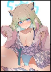 Rule 34 | 1girl, animal ears, blanket, blue archive, blue eyes, blue panties, blush, breasts, caburi, cleavage, collarbone, green hair, grey kimono, halo, highres, japanese clothes, kimono, licking lips, long sleeves, looking at viewer, medium breasts, panties, shigure (blue archive), shigure (hot spring) (blue archive), short hair, sitting, smile, solo, spread legs, tongue, tongue out, underwear, weasel ears, wide sleeves