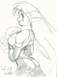 Rule 34 | ass, bare shoulders, breasts, concept art, galaxy fight, large breasts, long hair, monochrome, pointy ears, roomi, sketch, spandex, sunsoft, thong, very long hair