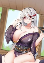 Rule 34 | 1girl, bare shoulders, blush, breasts, cleavage, highres, j yak47, japanese clothes, kimono, klone (j.roswel), large breasts, long hair, looking at viewer, multicolored hair, red eyes, red hair, silver hair, sitting, solo, yukata