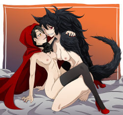 Rule 34 | 2girls, animal ears, arm support, black legwear, breasts, choker, cinder fall, cross, eye contact, fur, grin, high heels, looking at another, medium breasts, multiple girls, nail polish, nude, open mouth, raven branwen, red eyes, red footwear, red hood, red nails, rwby, shoes, smile, tail, thighhighs, wolf ears, wolf girl, wolf tail, yaya (y8ay8a), yellow eyes, yuri