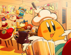 Rule 34 | &gt; &lt;, +++, :d, ^ ^, alcohol, arm up, armor, arms up, bandana, bandana waddle dee, basket, beer, beer mug, blue bandana, blush, bottle, bow, bowl, cape, chef hat, chef kawasaki, chuchu (kirby), claws, cloak, closed eyes, commentary request, cup, dark nebula, door, drunk, fang, food, from behind, fur-trimmed jacket, fur-trimmed sleeves, fur trim, hanging light, hat, heart, highres, holding, holding bottle, holding cup, indoors, jacket, jester cap, jumping, king dedede, kirby, kirby (series), kracko, long sleeves, magolor, mamezara, marx (kirby), meta knight, mug, nintendo, no humans, omelet, on stool, one-eyed, open mouth, pauldrons, plate, poster (object), purple cape, red bow, red headwear, red jacket, running, salad, satojoyu, shadow, shoulder armor, sitting, smile, star (symbol), stool, sunburst, susie (kirby), table, tamagoyaki, tongs, waddle doo, white cloak, white headwear, wings, wooden floor, wooden table