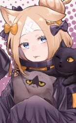 Rule 34 | 1girl, abigail williams (fate), abigail williams (traveling outfit) (fate), animal ears, bandaid, bandaid on face, bandaid on forehead, belt, black bow, black jacket, blonde hair, blue eyes, bow, breasts, cat, cat ears, crossed bandaids, fate/grand order, fate (series), forehead, hair bow, hair bun, high collar, highres, jacket, kubomi 943, long hair, long sleeves, orange belt, orange bow, parted bangs, sleeves past fingers, sleeves past wrists, small breasts, solo, tongue, tongue out