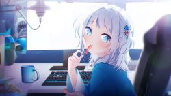 Rule 34 | 1girl, blue eyes, blue hoodie, blunt bangs, chair, cup, desk, eating, fingernails, food, food in mouth, from side, gaming chair, gawr gura, hair ornament, hand up, headphones, highres, holding, holding food, hololive, hololive english, hood, hood down, hoodie, indoors, keyboard (computer), long sleeves, looking at viewer, microphone, monitor, mug, plate, portrait, portrait of an unknown woman (ivan kramskoy), poster (object), scenery, screen light, shark girl, shark hair ornament, shrimp, silver hair, sitting, solo, swivel chair, two side up, upper body, virtual youtuber, wide sleeves