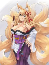 Rule 34 | 1girl, absurdres, aged up, animal ear fluff, animal ears, bare shoulders, blonde hair, breasts, chest tattoo, commentary, english commentary, eyeliner, folding fan, fox ears, fox tail, green eyes, hair ornament, hand fan, highres, holding, holding fan, huge filesize, japanese clothes, kitsune, kuron hakaisha, large breasts, long hair, looking at viewer, makeup, mon-musu quest!, monster girl, multiple tails, simple background, slit pupils, smile, solo, spoilers, standing, tail, tamamo (mon-musu quest!), tattoo, tongue, tongue out, wide sleeves
