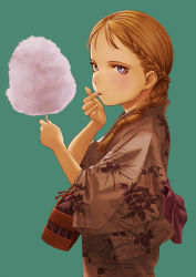 Rule 34 | 1girl, arms up, blonde hair, blue eyes, braid, cotton candy, licking finger, floral print, food, green background, highres, holding, holding food, hotateyuki, japanese clothes, kimono, licking, long hair, looking at viewer, original, simple background, solo, standing, yukata