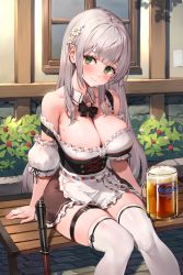 Rule 34 | 1girl, alcohol, apron, bare shoulders, beer, beer mug, bench, blush, breasts, brown skirt, cleavage, closed mouth, corset, cup, flower, frills, green eyes, hair flower, hair ornament, highres, hololive, large breasts, long hair, looking at viewer, mug, revision, shirogane noel, silver hair, sitting, skirt, solo, thighhighs, thighs, underbust, virtual youtuber, waist apron, watao, white apron, white thighhighs
